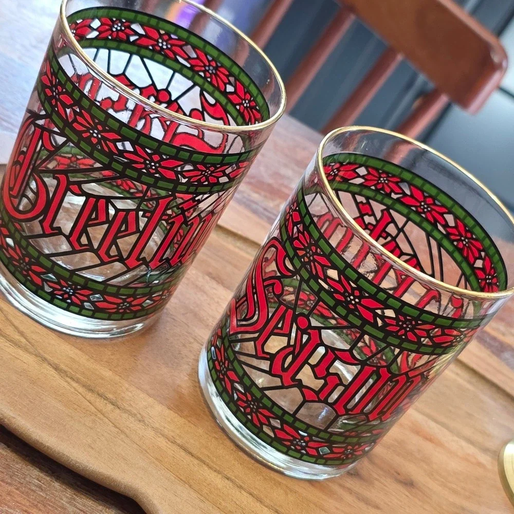 Vintage Houze Art Seasons Greetings Stained Glass Christmas Lowball Glass Set 2